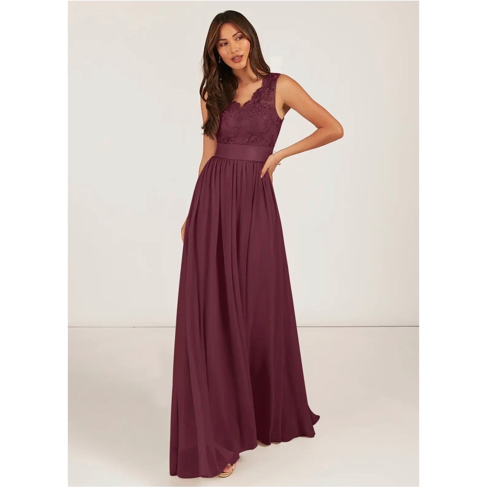 Azazie Cabernet Lace Chiffon Sleeveless Maxi Formal Gown with Satin Sash Bow